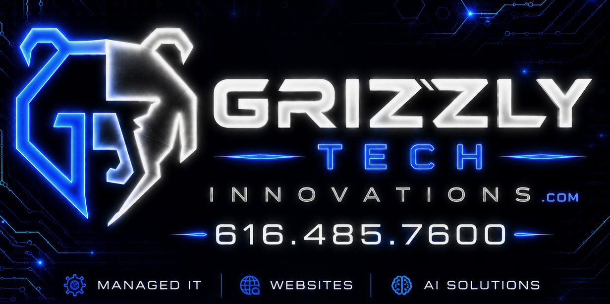Grizzly Tech Innovations banner with neon logo, website/phone info, and services: Managed IT, Websites, AI Solutions (616.485.7600).