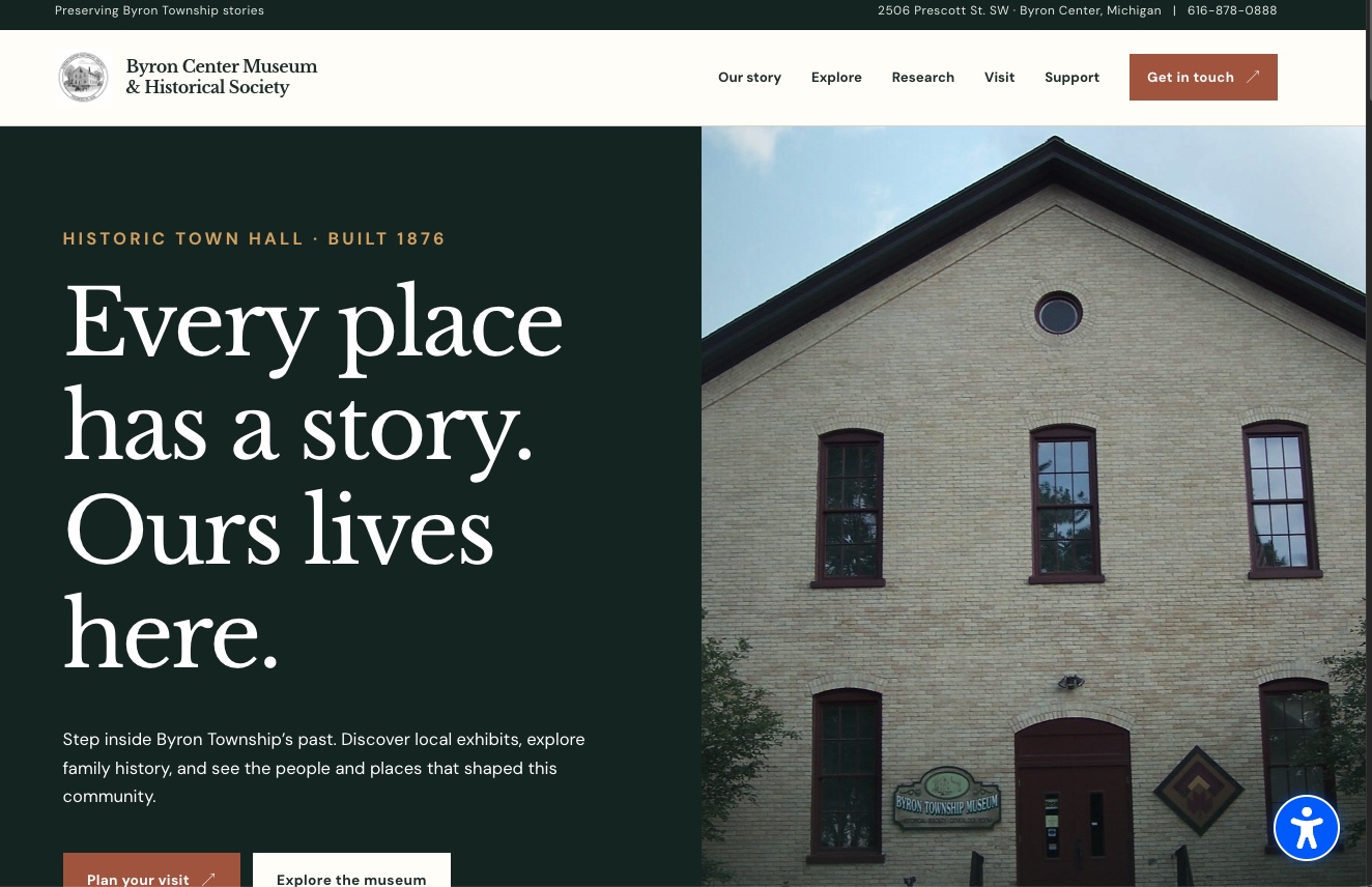 Byron Center Museum and Historical Society homepage website design