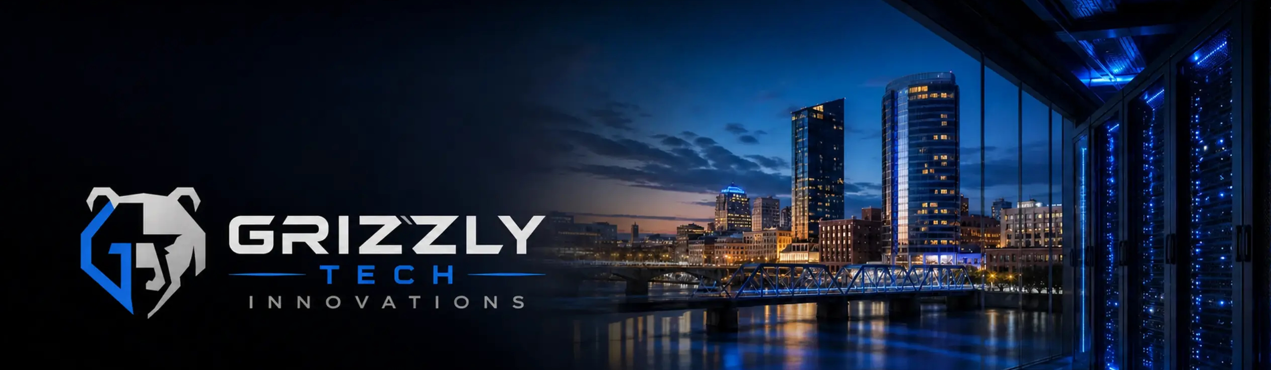 Grizzly Tech Innovations logo on left with a blue bear icon, beside a dusk city skyline and illuminated server racks on the right.